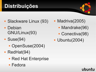 Distribuições
 Slackware Linux (93)
 Debian
GNU/Linux(93)
 Suse(94)
 OpenSuse(2004)
 RedHat(94)
 Red Hat Enterprise
 Fedora
 Madriva(2005)
 Mandrake(96)
 Conectiva(98)
 Ubuntu(2004)
 