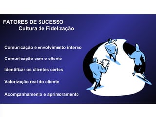 Comunicação e envolvimento interno Comunicação com o cliente Identificar os clientes certos Valorização real do cliente Acompanhamento e aprimoramento FATORES DE SUCESSO Cultura de Fidelização 