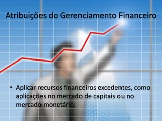 Atribuições do Gerenciamento Financeiro
• Aplicar recursos financeiros excedentes, como
aplicações no mercado de capitais ou no
mercado monetário;
 