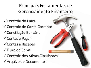 Principais Ferramentas de
Gerenciamento Financeiro
Controle de Caixa
Controle de Conta Corrente
Conciliação Bancária
Contas a Pagar
Contas a Receber
Fluxo de Caixa
Controle dos Ativos Circulantes
Arquivo de Documentos
 