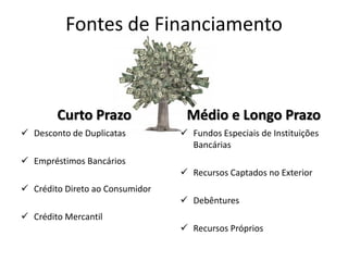 Fontes de Financiamento
Curto Prazo
 Desconto de Duplicatas
 Empréstimos Bancários
 Crédito Direto ao Consumidor
 Crédito Mercantil
Médio e Longo Prazo
 Fundos Especiais de Instituições
Bancárias
 Recursos Captados no Exterior
 Debêntures
 Recursos Próprios
 