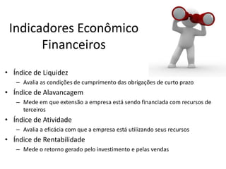 Indicadores Econômico
Financeiros
• Índice de Liquidez
– Avalia as condições de cumprimento das obrigações de curto prazo
• Índice de Alavancagem
– Mede em que extensão a empresa está sendo financiada com recursos de
terceiros
• Índice de Atividade
– Avalia a eficácia com que a empresa está utilizando seus recursos
• Índice de Rentabilidade
– Mede o retorno gerado pelo investimento e pelas vendas
 