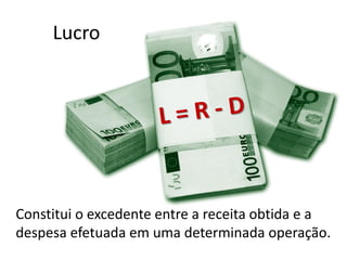 Lucro
Constitui o excedente entre a receita obtida e a
despesa efetuada em uma determinada operação.
 