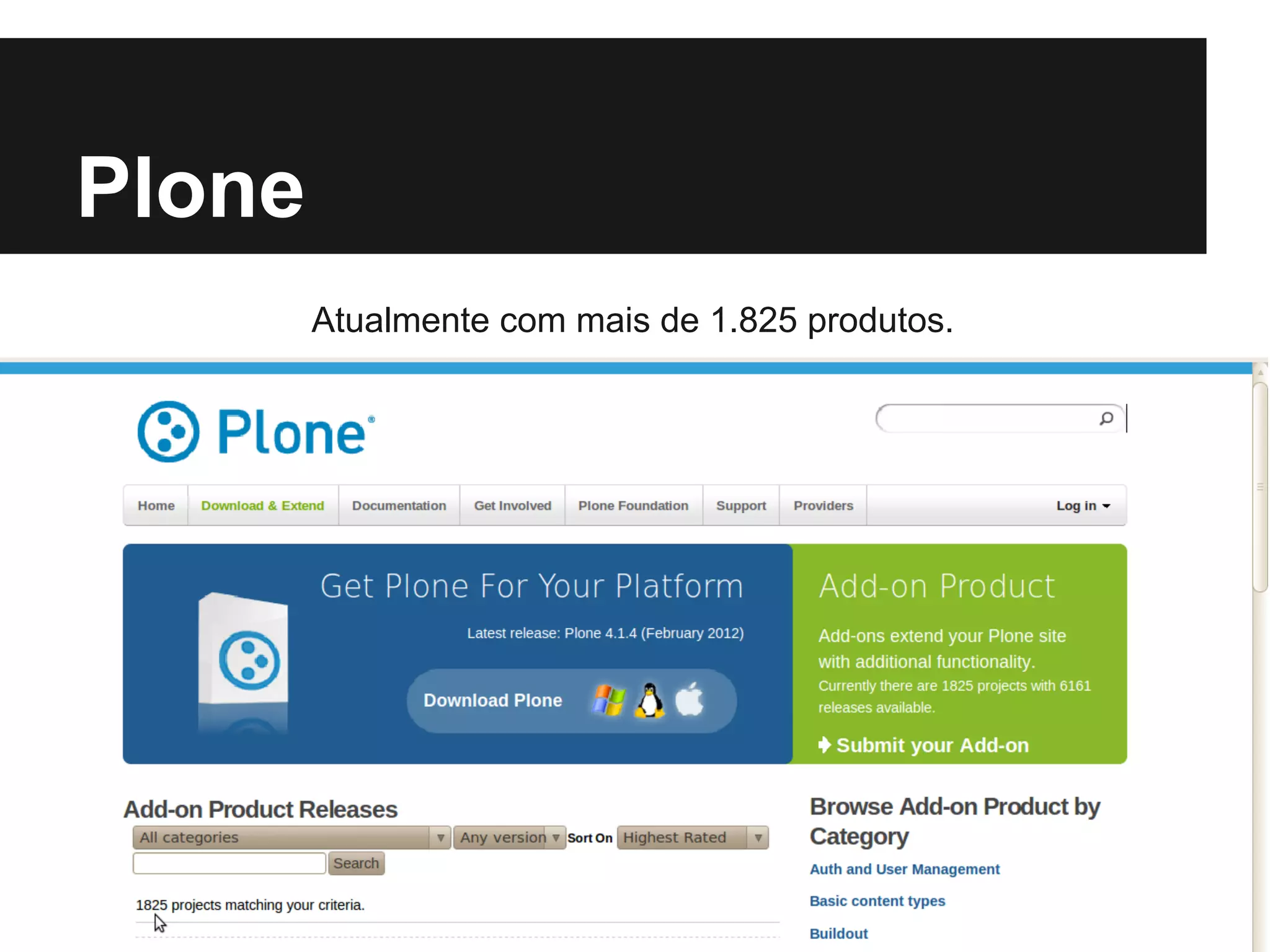 Plone
        Atualmente com mais de 1.825 produtos.
 