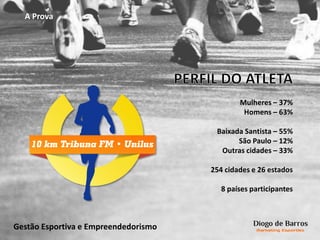 A Prova
Mulheres – 37%
Homens – 63%
Baixada Santista – 55%
São Paulo – 12%
Outras cidades – 33%
254 cidades e 26 estados
8 países participantes
Gestão Esportiva e Empreendedorismo
 