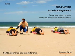 PRÉ-EVENTO
Fase de planejamento
É onde tudo vai ser pensado,
informado e controlado minuciosamente.
Antes
Gestão Esportiva e Empreendedorismo
 