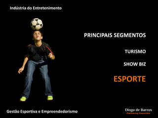 PRINCIPAIS SEGMENTOS
TURISMO
SHOW BIZ
ESPORTE
Indústria do Entretenimento
Gestão Esportiva e Empreendedorismo
 