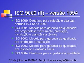 21 de julho de 2015Prof. Sergio.Jr www.sergio.jr.nom.br106
ISO 9000 (II) – versão 1994ISO 9000 (II) – versão 1994
 ISO 9000: Diretrizes para seleção e uso das
normas ISO Série 9000
 ISO 9001: Modelo para garantia da qualidade
em projeto/desenvolvimento, produção,
instalação e assistência técnica
 ISO 9002: Modelo para garantia da qualidade
em produção e instalação
 ISO 9003: Modelo para garantia da qualidade
em inspeção e ensaios finais
 ISO 9004: Diretrizes para a gestão da qualidade
 