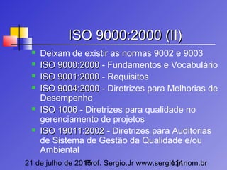 21 de julho de 2015Prof. Sergio.Jr www.sergio.jr.nom.br114
ISO 9000:2000 (II)ISO 9000:2000 (II)
 Deixam de existir as normas 9002 e 9003
 ISO 9000:2000ISO 9000:2000 - Fundamentos e Vocabulário
 ISO 9001:2000ISO 9001:2000 - Requisitos
 ISO 9004:2000ISO 9004:2000 - Diretrizes para Melhorias de
Desempenho
 ISO 1006ISO 1006 - Diretrizes para qualidade no
gerenciamento de projetos
 ISO 19011:2002ISO 19011:2002 - Diretrizes para Auditorias
de Sistema de Gestão da Qualidade e/ou
Ambiental
 
