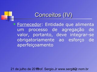 21 de julho de 2015Prof. Sergio.Jr www.sergio.jr.nom.br12
Conceitos (IV)Conceitos (IV)
 Fornecedor: Entidade que alimenta
um processo de agregação de
valor, portanto, deve integrar-se
obrigatoriamente ao esforço de
aperfeiçoamento
 