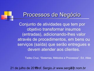 21 de julho de 2015Prof. Sergio.Jr www.sergio.jr.nom.br27
Processos de NegócioProcessos de Negócio
Conjunto de atividades que tem por
objetivo transformar insumos
(entradas), adicionando-lhes valor
através de procedimentos, em bens ou
serviços (saída) que serão entregues e
devem atender aos clientes.
Tadeu Cruz, “Sistemas, Métodos e Processos”, Ed. Atlas
 