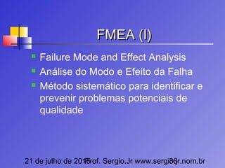 21 de julho de 2015Prof. Sergio.Jr www.sergio.jr.nom.br36
FMEA (I)FMEA (I)
 Failure Mode and Effect Analysis
 Análise do Modo e Efeito da Falha
 Método sistemático para identificar e
prevenir problemas potenciais de
qualidade
 