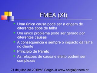 21 de julho de 2015Prof. Sergio.Jr www.sergio.jr.nom.br46
FMEA (XI)FMEA (XI)
 Uma única causa pode ser a origem de
diferentes tipos de falha
 Um único problema pode ser gerado por
diferentes causas
 A conseqüência é sempre o impacto da falha
no cliente
 Princípio de Pareto
 As relações de causa e efeito podem ser
complexas
 