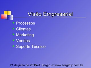 21 de julho de 2015Prof. Sergio.Jr www.sergio.jr.nom.br5
Visão EmpresarialVisão Empresarial
 Processos
 Clientes
 Marketing
 Vendas
 Suporte Técnico
 