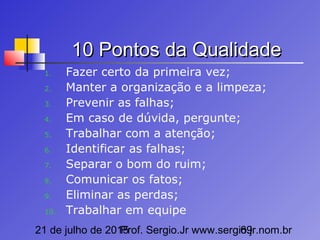 21 de julho de 2015Prof. Sergio.Jr www.sergio.jr.nom.br69
10 Pontos da Qualidade10 Pontos da Qualidade
1. Fazer certo da primeira vez;
2. Manter a organização e a limpeza;
3. Prevenir as falhas;
4. Em caso de dúvida, pergunte;
5. Trabalhar com a atenção;
6. Identificar as falhas;
7. Separar o bom do ruim;
8. Comunicar os fatos;
9. Eliminar as perdas;
10. Trabalhar em equipe
 