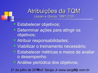 21 de julho de 2015Prof. Sergio.Jr www.sergio.jr.nom.br89
Atribuições da TQMAtribuições da TQM
(Juran e Gryna, 1991:210)(Juran e Gryna, 1991:210)
 Estabelecer objetivos;
 Determinar ações para atingir os
objetivos;
 Atribuir responsabilidades;
 Viabilizar o treinamento necessário;
 Estabelecer métricas e meios de avaliar
o desempenho
 Análise periódica dos objetivos;
 