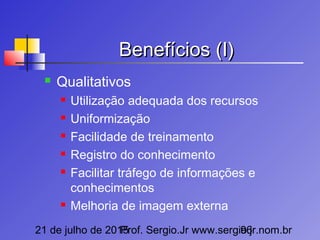 21 de julho de 2015Prof. Sergio.Jr www.sergio.jr.nom.br96
Benefícios (I)Benefícios (I)
 Qualitativos
 Utilização adequada dos recursos
 Uniformização
 Facilidade de treinamento
 Registro do conhecimento
 Facilitar tráfego de informações e
conhecimentos
 Melhoria de imagem externa
 
