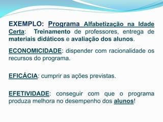 EXEMPLO: Programa Alfabetização na Idade
Certa: Treinamento de professores, entrega de
materiais didáticos e avaliação dos alunos.
ECONOMICIDADE: dispender com racionalidade os
recursos do programa.
EFICÁCIA: cumprir as ações previstas.
EFETIVIDADE: conseguir com que o programa
produza melhora no desempenho dos alunos!

 