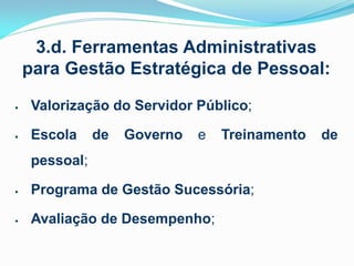 3.d. Ferramentas Administrativas
para Gestão Estratégica de Pessoal:


Valorização do Servidor Público;



Escola

de

Governo

e

Treinamento

pessoal;


Programa de Gestão Sucessória;



Avaliação de Desempenho;

de

 
