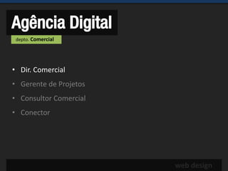Agência Digital
 depto. Comercial




• Dir. Comercial
• Gerente de Projetos
• Consultor Comercial
• Conector




                        web design
 