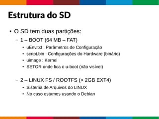 Estrutura do SD
● O SD tem duas partições:
– 1 – BOOT (64 MB – FAT)
● uEnv.txt : Parâmetros de Configuração
● script.bin : Configurações do Hardware (binário)
● uimage : Kernel
● SETOR onde fica o u-boot (não visível)
– 2 – LINUX FS / ROOTFS (> 2GB EXT4)
● Sistema de Arquivos do LINUX
● No caso estamos usando o Debian
 