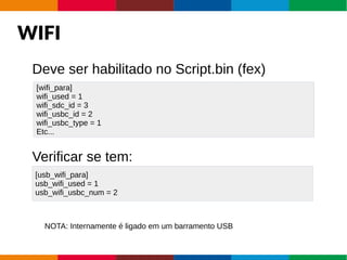 WIFI
Deve ser habilitado no Script.bin (fex)
Verificar se tem:
[wifi_para]
wifi_used = 1
wifi_sdc_id = 3
wifi_usbc_id = 2
wifi_usbc_type = 1
Etc...
[usb_wifi_para]
usb_wifi_used = 1
usb_wifi_usbc_num = 2
NOTA: Internamente é ligado em um barramento USB
 