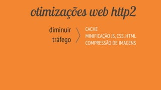 otimizações web http2
diminuir
tráfego
CACHE
MINIFICAÇÃO JS,CSS,HTML
COMPRESSÃO DE IMAGENS
 