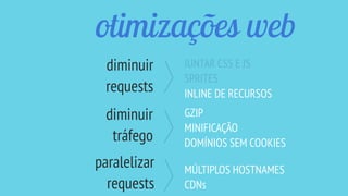 otimizações web
JUNTAR CSS E JS
SPRITES
INLINE DE RECURSOS
GZIP
MINIFICAÇÃO
DOMÍNIOS SEM COOKIES
MÚLTIPLOS HOSTNAMES
CDNs
diminuir
requests
diminuir
tráfego
paralelizar
requests
 