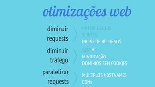 otimizações web
JUNTAR CSS E JS
SPRITES
INLINE DE RECURSOS
GZIP
MINIFICAÇÃO
DOMÍNIOS SEM COOKIES
MÚLTIPLOS HOSTNAMES
CDNs
diminuir
requests
diminuir
tráfego
paralelizar
requests
 