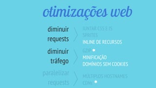 otimizações web
JUNTAR CSS E JS
SPRITES
INLINE DE RECURSOS
GZIP
MINIFICAÇÃO
DOMÍNIOS SEM COOKIES
MÚLTIPLOS HOSTNAMES
CDNs
diminuir
requests
diminuir
tráfego
paralelizar
requests
 