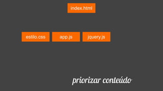 index.html
estilo.css jquery.jsapp.js
priorizar conteúdo
 