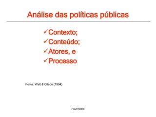 Análise das políticas públicas Contexto;  Conteúdo; Atores, e Processo  Fonte: Walt & Gilson (1994) 
