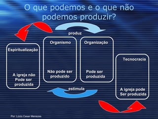 O que podemos e o que não podemos produzir? produz estimula Organismo Organização Não pode ser produzido Pode ser produzida Espiritualização A igreja não Pode ser  produzida Tecnocracia A igreja pode Ser produzida Por: Lúcio Cesar Menezes 