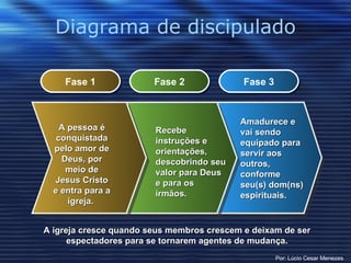 Diagrama de discipulado Fase 1 Fase 2 Fase 3 A pessoa é conquistada pelo amor de Deus, por meio de Jesus Cristo e entra para a igreja.  Recebe instruções e orientações, descobrindo seu valor para Deus e para os irmãos. Amadurece e vai sendo equipado para servir aos outros, conforme seu(s) dom(ns) espirituais. A igreja cresce quando seus membros crescem e deixam de ser espectadores para se tornarem agentes de mudança. Por: Lúcio Cesar Menezes 