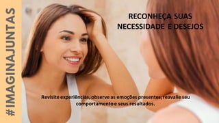 Revisite experiências, observe as emoções presentes,reavalie seu
comportamentoe seus resultados.
RECONHEÇA SUAS
NECESSIDADE E DESEJOS
 