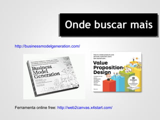 Onde buscar mais
http://businessmodelgeneration.com/
Ferramenta online free: http://web2canvas.x4start.com/
 