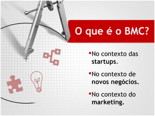 O que é o BMC?
No contexto das
startups.
No contexto de
novos negócios.
No contexto do
marketing.
 