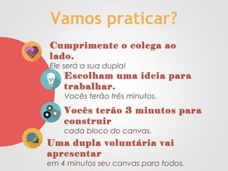 Cumprimente o colega ao
lado.
Ele será a sua dupla!
Vamos praticar?
Escolham uma ideia para
trabalhar.
Vocês terão três minutos.
Vocês terão 3 minutos para
construir
cada bloco do canvas.
Uma dupla voluntária vai
apresentar
em 4 minutos seu canvas para todos.
 