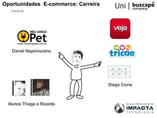 Oportunidades E-commerce: Carreira
Carreiras
Daniel Nepomuceno
Diego Cione
Alunos Thiago e Ricardo
 