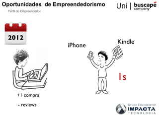 Oportunidades de Empreendedorismo
 Perfil do Empreendedor




 2012
                                    Kindle
                          iPhone




                                    1s
       +1 compra
       - reviews
 