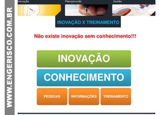INOVAÇÃO X TREINAMENTO


Não existe inovação sem conhecimento!!!



         INOVAÇÃO
   CONHECIMENTO
   PESSOAS    INFORMAÇÕES   TREINAMENTO
 