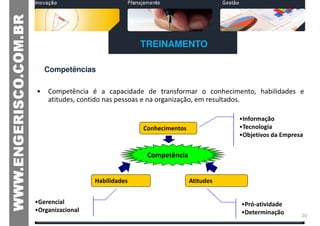 TREINAMENTO

    Competências

•   Competência é a capacidade de transformar o conhecimento, habilidades e
    atitudes, contido nas pessoas e na organização, em resultados.

                                                           •Informação
                                Conhecimentos              •Tecnologia
                                                           •Objetivos da Empresa


                                 Competência


                  Habilidades                   Atitudes


•Gerencial                                                 •Pró-atividade
•Organizacional                                            •Determinação       20
 