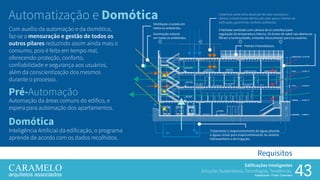 43
Edificações Inteligentes
Soluções Sustentáveis, Tecnologias, Tendências.
Palestrante: Frank Caramelo
Requisitos
Automatização e Domótica
Com auxílio da automação e da domótica,
faz-se a mensuração e gestão de todos os
outros pilares reduzindo assim ainda mais o
consumo, pois é feita em tempo real,
oferecendo proteção, conforto,
confiabilidade e segurança aos usuários,
além da conscientização dos mesmos
durante o processo.
Cobertura verde evita absorção de calor excessiva e
diminui a transmissão térmica de calor para o interior da
edificação, garantindo conforto ambiental.
A fachada ventilada com câmara de ar contribui para
regulação da temperatura interna. Os brises de soleil nas aberturas
filtram a luminosidade, evitando ofuscamento para os usuários.
Iluminação natural
em todos os ambientes.
Ventilação cruzada em
todos os ambientes.
Tratamento e reaproveitamento de águas pluviais
e águas cinzas para reaproveitamento no sistema
hidrosanitário e de irrigação..
Painéis Fotovoltaicos
Pré-Automação
Domótica
Automação da áreas comuns do edifico, e
espera para automação dos apartamentos.
Inteligência Artificial da edificação, o programa
aprende de acordo com os dados recolhidos.
 
