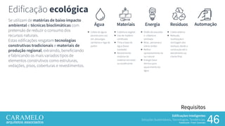 Edificações Inteligentes
Soluções Sustentáveis, Tecnologias, Tendências.
Palestrante: Frank Caramelo 46
Requisitos
Se utilizam de matérias de baixo impacto
ambiental e técnicas bioclimáticas com
pretensão de reduzir o consumo dos
recursos naturais.
Estas edificações resgatam tecnologias
construtivas tradicionais e materiais de
produção regional, extraindo, beneficiando
e fabricando os mais variados tipos de
elementos construtivos como estruturas,
vedações, pisos, coberturas e revestimentos.
Edificação ecológica
Água
 Coleta de águas
pluviais para uso
em, descargas
sanitárias e rega de
jardim
Materiais
 Cobertura vegetal
 Uso de madeira
certificada
 Tinta a base de
água (baixa
toxidade)
 Revestimento
modular de
material reciclado
ou ecoeficiente
Energia
 Shafts de exaustão
e cobertura
ventilada
 Brise , persianas e
vidros verdes
 Melhor
aproveitamento da
luz natural
 Energia Solar
térmica para
aquecimento da
água
Resíduos
 Coleta seletiva
 Redução,
reutilização e
reciclagem dos
resíduos, desde a
construção até o
atendimento ao
cliente final
Automação
 