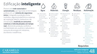 Edificações Inteligentes
Soluções Sustentáveis, Tecnologias, Tendências.
Palestrante: Frank Caramelo 48
Requisitos
Possue uma rede conectada e
automatizada, que liga todas as tecnologias
prediais em um sistema de segurança
único e integrado à proteção contra
incêndios, segurança eletrônica e sistemas
de instalação elétrica, hidráulicas e de
climatização, medindo os consumos
coletivos e individualizados em tempo
real, oferecendo proteção, conforto e
confiabilidade aos usuários e reduzindo o
consumo de energia em indústrias,
escritórios e residências.
Edificação inteligente
Água
 Coleta de águas
pluviais para uso
em, descargas
sanitárias e rega de
jardim
 Fluxo de água
Controlado (áreas
molhadas)
 Torneiras e
chuveiros com
fechamento
automático
monocomando
Resíduos
 Coleta seletiva
 Redução,
reutilização e
reciclagem dos
resíduos, desde a
construção até o
atendimento ao
cliente final
Automação
 Relatório e
gerenciamento de
todos os sistemas
de geração,
captação e
distribuição,
individual e coletiva
 CFTV com sistema
analítico de
movimento,
trajetória,
quantificação, e
objetos, Controle de
acessos e
reconhecimento
facial e de placa
 Controle de trafego
de elevadores
 Controle de HVAC,
iluminação,
Incêndio, TELECOM
inteligente
Materiais
 Cobertura vegetal
 Uso de madeira
certificada
 Tinta a base de
água (baixa
toxidade)
 Revestimento
modular de
material reciclado
ou ecoeficiente
 Construção seca
 Tubulação
Hidráulica flexível
 Isolamento Termo-
Ácustico sobre o
forro e paredes
Energia
 Shafts de exaustão
e cobertura
ventilada
 Brise , persianas e
vidros verdes
 Melhor
aproveitamento da
luz natural
 Energia Solar
térmica para
aquecimento da
água
 Eficiência
energética na
iluminação artificial
com sensores de
presença
 Fontes alternativas
limpas e renováveis
para co-geração de
energia
 