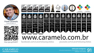 Edificações Inteligentes
Soluções Sustentáveis, Tecnologias, Tendências.
Palestrante: Frank Caramelo 91
Frank Caramelo
Diretor de P&D e TI
Caramelo Arquitetos Associados.
http://goo.gl/RsB8FP
6 8 9 IX GRANDE PRÊMIO
DEARQUITETURACORPORATIVA
XII GRANDE PRÊMIO
DEARQUITETURACORPORATIVA
facebook.com/carameloarquitetos youtube.com/carameloarquitetos
www.caramelo.com.br
 