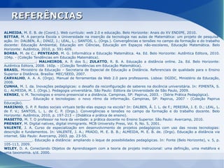 REFERÊNCIAS
ALMEIDA, M. E. B. de (Coord.). Web currículo: web 2.0 e educação. Belo Horizonte: Anais do XV ENDIPE, 2010.
BITTAR, M. A parceria Escola x Universidade na inserção da tecnologia nas aulas de Matemática: um projeto de pesquisa-
ação. In: DALBEN, Â.; DINIZ, J.; LEAL, L.; SANTOS, L. (Orgs.). Convergências e tensões no campo da formação e do trabalho
docente: Educação Ambiental, Educação em Ciências, Educação em Espaços não-escolares, Educação Matemática. Belo
Horizonte: Autêntica, 2010, p. 591-609.
BORBA, M. de C.; PENTEADO, M. G. Informática e Educação Matemática. 4a. Ed. Belo Horizonte: Autêntica Editora, 2010.
104p. - (Coleção Tendências em Educação Matemática).
______________.; MALHEIROS, A. P. dos S.; ZULATTO, R. B. A. Educação a distância online. 2a. Ed. Belo Horizonte:
Autêntica Editora, 2008. 160p. - (Coleção Tendências em Educação Matemática).
BRASIL. Ministério da Educação – Secretaria de Especial de Educação a Distância. Referenciais de qualidade para o Ensino
Superior a Distância. Brasília: MEC/SEED, 2007.
CARVALHO, A. A. A. (Orgs). Manual de ferramentas da Web 2.0 para professores. Lisboa: DGIDC, Ministério da Educação,
2008.
CUNHA, M. I. da. Inovações pedagógicas: o desafio da reconfiguração de saberes na docência universitária. In: PIMENTA, S.
G.; ALMEIDA, M. I. (Orgs.). Pedagogia universitária. São Paulo: Editora da Universidade de São Paulo, 2009.
KENSKI, V. M. Tecnologias e ensino presencial e a distância. Campinas, SP: Papirus, 2003. - (Série Prática Pedagógica).
____________. Educação e tecnologias: o novo ritmo da informação. Campinas, SP: Papirus, 2007 - (Coleção Papirus
Educação).
MARINHO, S. P. P. Redes sociais virtuais terão elas espaço na escola? In: DALBEN, Â. I. L. de F.; PEREIRA, J. E. D.; LEAL, L.
de F. V.; SANTOS, L. L. de C. P. (Orgs.). Convergências e tensões no campo da formação e do trabalho docente. Belo
Horizonte: Autêntica, 2010, p. 197-213 – (Didática e prática de ensino).
MASETTO, M. T. O professor na hora da verdade: a prática docente no Ensino Superior. São Paulo: Avercamp, 2010.
PRENSKY, M. Digital natives, digital immigrants. MCB University Press, Vol. 9, No. 5, 2001.
VALENTE, J. A. Curso de especialização em desenvolvimento de projetos pedagógicos com uso das novas tecnologias:
descrição e fundamentos. In: VALENTE, J. A.; PRADO, M. E. B. B.; ALMEIDA, M. E. B. de. (Orgs). Educação a distância via
internet. São Paulo: Avercamp, 2003. pp. 23-55.
_____________. Educação a distância: ampliando o leque de possibilidades pedagógicas. In: Fonte (Belo Horizonte), v. 5, p.
105-113, 2009.
WILEY, D. A. Conectando Objetos de Aprendizagem com a teoria de projeto instrucional: uma definição, uma metáfora e
uma taxonomia. s/d. 2000.
 