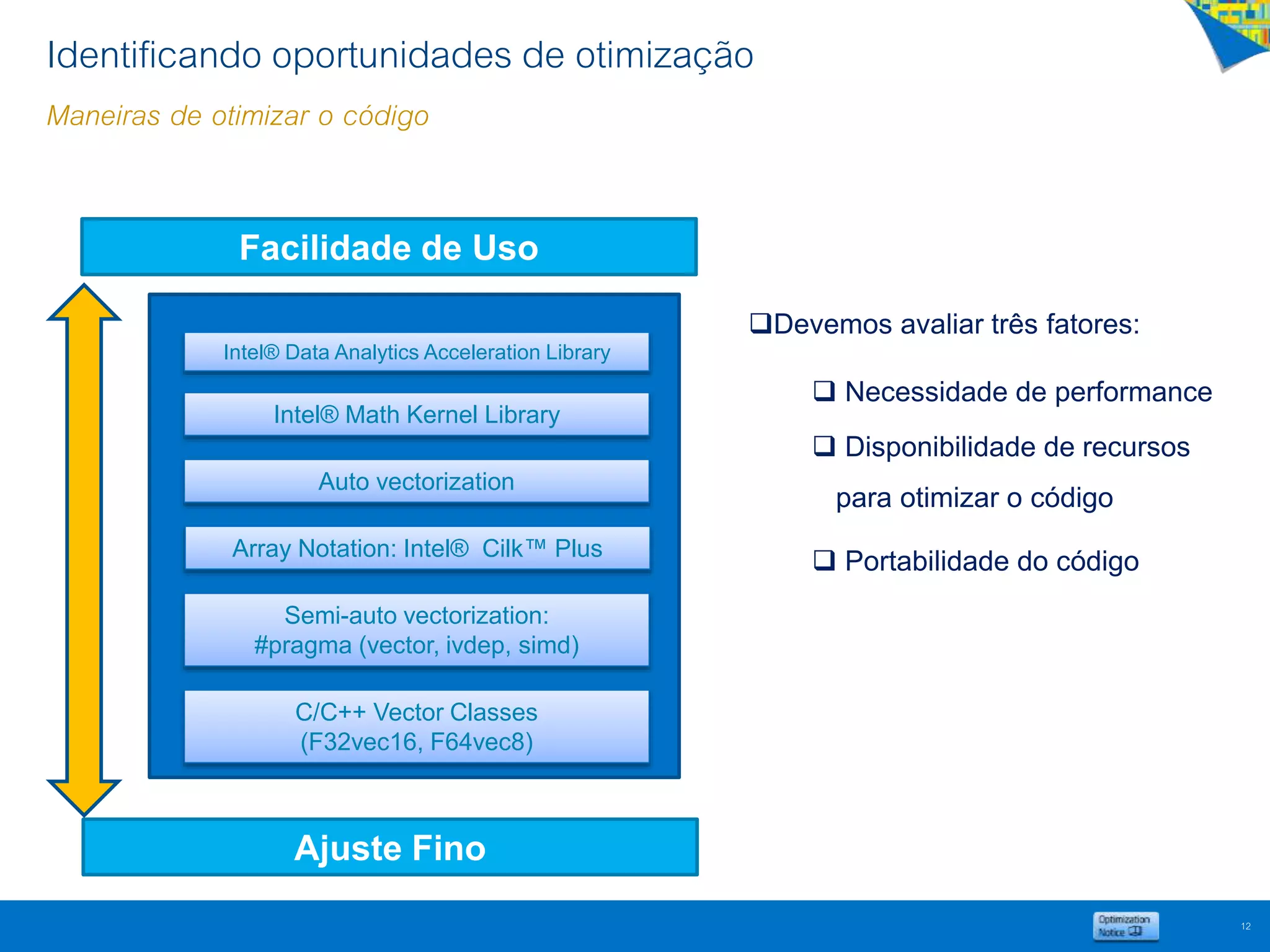 12
Facilidade de Uso
Ajuste Fino
Intel® Math Kernel Library
Array Notation: Intel® Cilk™ Plus
Auto vectorization
Semi-auto vectorization:
#pragma (vector, ivdep, simd)
C/C++ Vector Classes
(F32vec16, F64vec8)
Devemos avaliar três fatores:
 Necessidade de performance
 Disponibilidade de recursos
para otimizar o código
 Portabilidade do código
Identificando oportunidades de otimização
Maneiras de otimizar o código
Intel® Data Analytics Acceleration Library
 