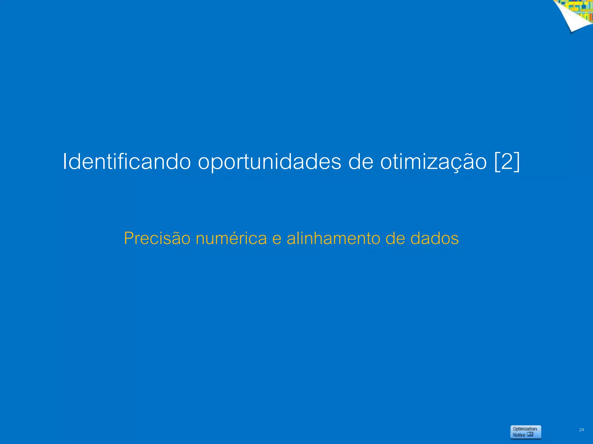 24
Identificando oportunidades de otimização [2]
Precisão numérica e alinhamento de dados
 