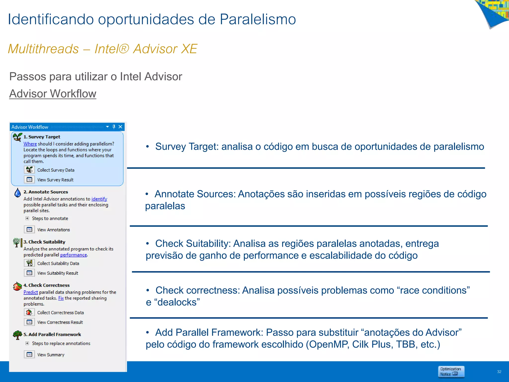 Identificando oportunidades de Paralelismo
Multithreads – Intel® Advisor XE
32
Passos para utilizar o Intel Advisor
Advisor Workflow
• Survey Target: analisa o código em busca de oportunidades de paralelismo
• Annotate Sources: Anotações são inseridas em possíveis regiões de código
paralelas
• Check Suitability: Analisa as regiões paralelas anotadas, entrega
previsão de ganho de performance e escalabilidade do código
• Check correctness: Analisa possíveis problemas como “race conditions”
e “dealocks”
• Add Parallel Framework: Passo para substituir “anotações do Advisor”
pelo código do framework escolhido (OpenMP, Cilk Plus, TBB, etc.)
 